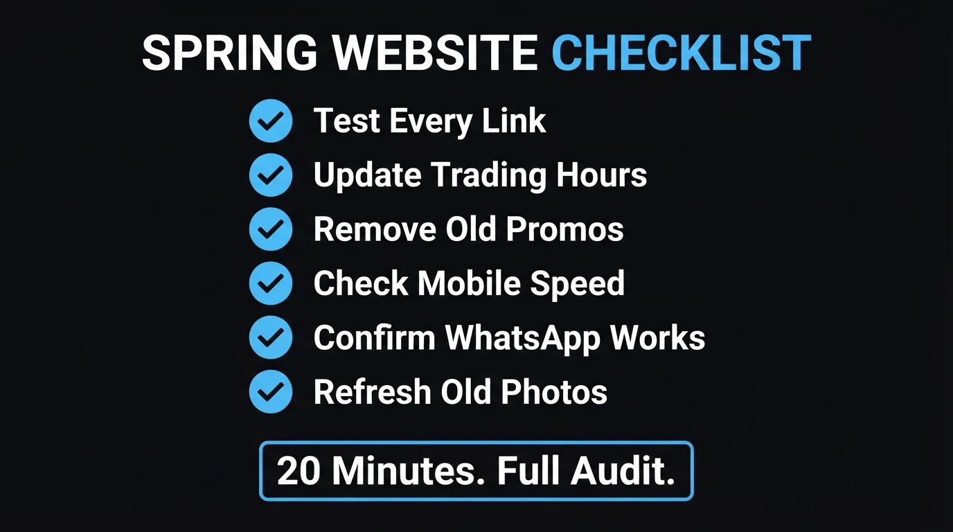 Spring website checklist infographic listing six checks: test every link, update trading hours, remove old promos, check mobile speed, confirm WhatsApp works, and refresh old photos, with a 20 minutes full audit banner